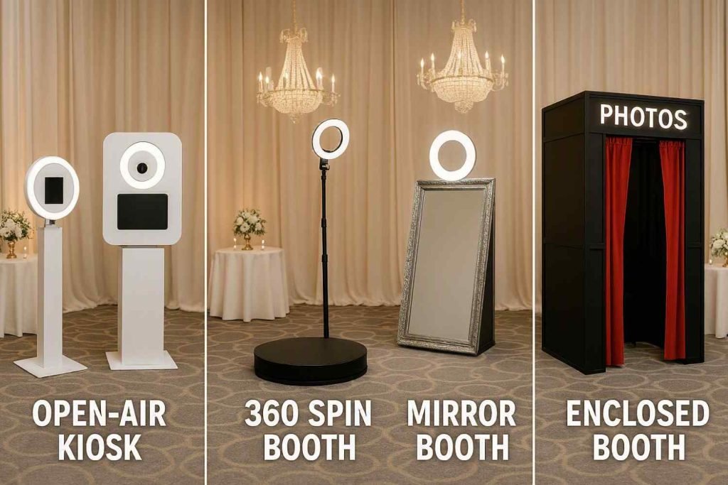 Comparison of open-air kiosk, digital drop-off, mirror, enclosed, and 360 photo booth rental options in Lancaster, PA