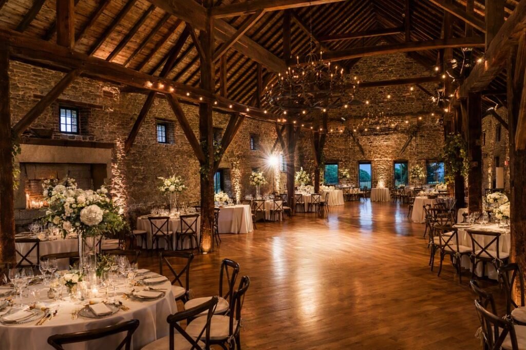 Rustic barn wedding venue in Lancaster County Pennsylvania with elegant reception decor
