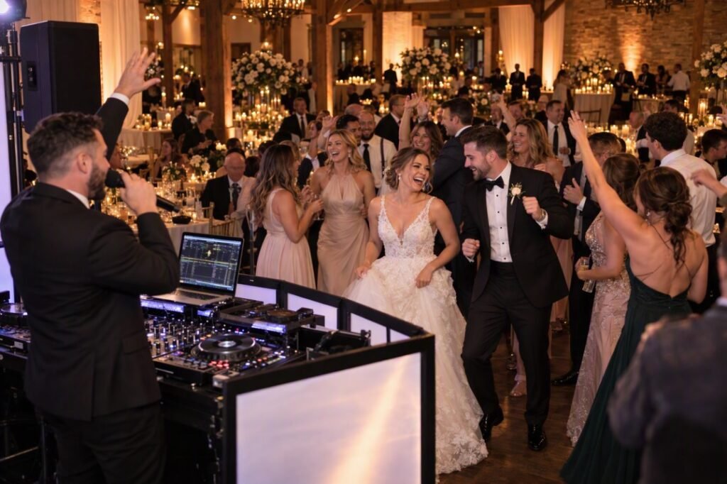 Wedding DJ and MC providing professional wedding entertainment at a Lancaster PA wedding by Orama Productions